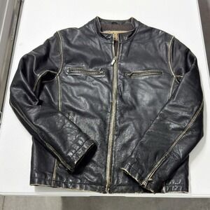 Top Gun Leather Cafe Racer Jacket Mens M Black Good Distressed Moto Biker Zip